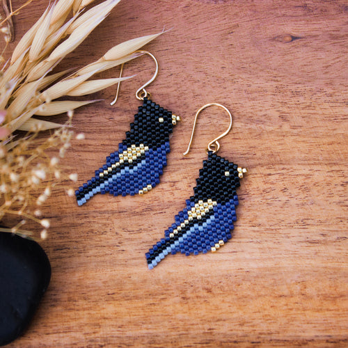 Handmade Cobalt Crested Steller's Jay beaded earrings styled on a warm wood background with dried botanicals
